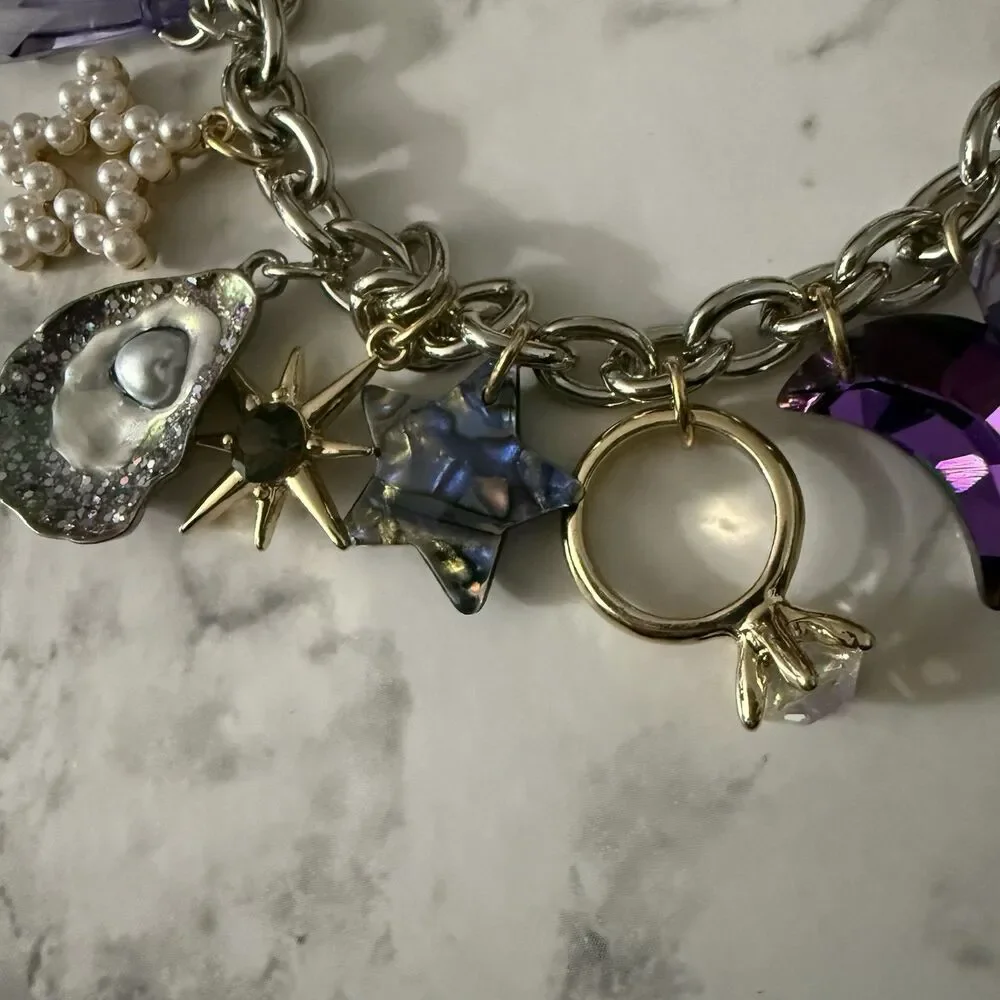 Betsey Johnson Charm Bracelet Oyster Olives Engagement Ring Stars Moon High Heel